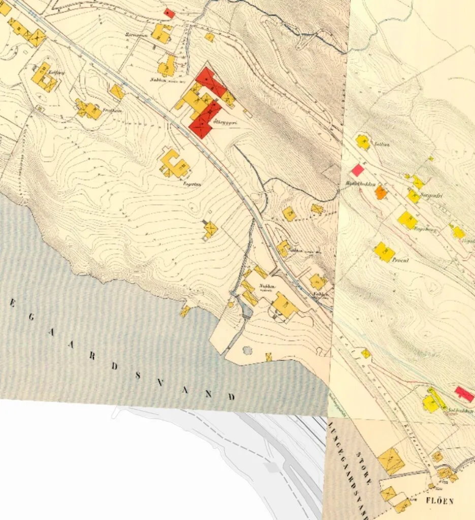 Kartet fra 1880 viser hele Nedre Nubben som ligger vest for Kalfarveien.