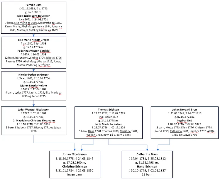 Bildet viser slektsforholdet mellom Johan Nicolaysen, Christine Erichsen, Thomas Erichsen og Johan Nordahl Brun