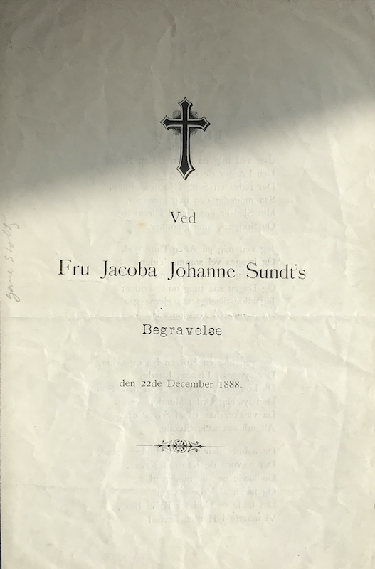 Dette er bilde av forsiden til sangheftet til Jacoba Johanne Sundt, født Kramer, sin gravferd