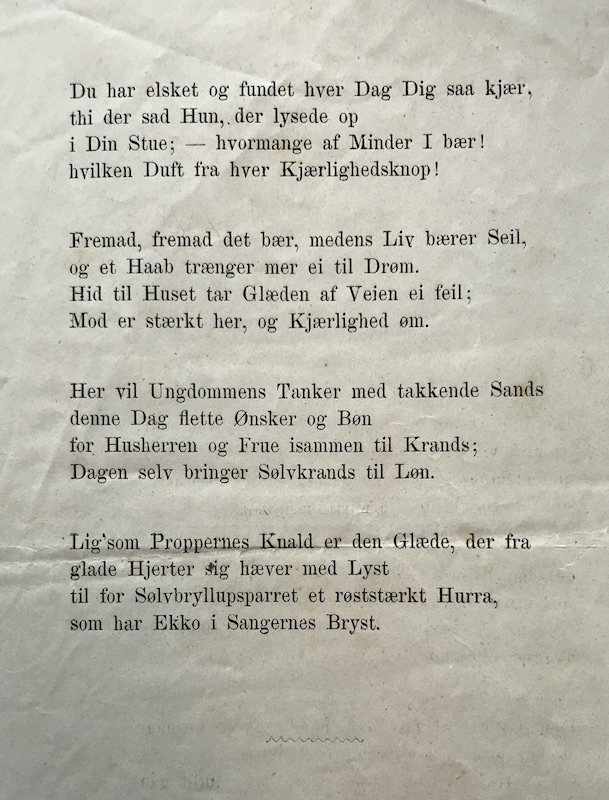 Dette er bilde av side 3 i sangheftet til Christian Gerhard Ameln Sundt og Jacoba Johanne Sundt, født Kramer, sitt sølvbryllup