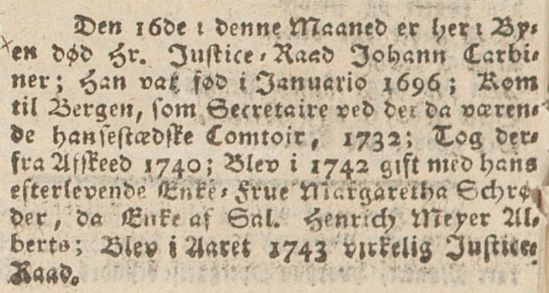 Johann Carbiner sin dødsannonse i Bergens Adressecontoiers Efterretninger, mandag 24.07.1769