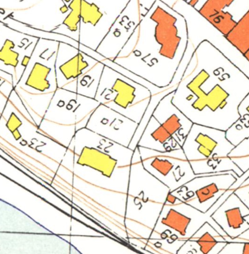 Kartet fra 1957 viser Nedre Nubben med adresser på Seiersbjerget.
