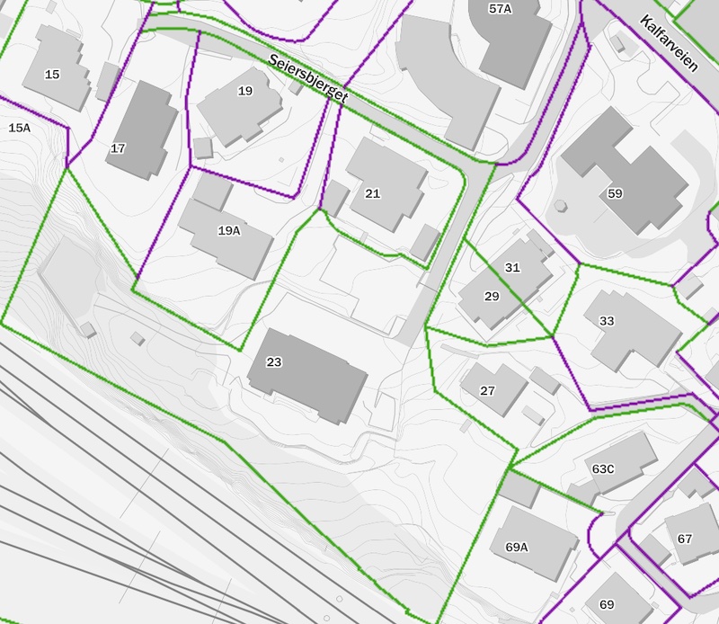 Eiendomskartet fra 2023 viser Nedre Nubben med adresser på Seiersbjerget.